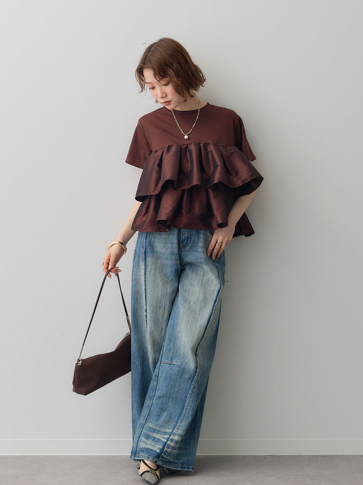 [SET]フリルティアードTEE+縦ウォッシュワイドデニムパンツ(2set)