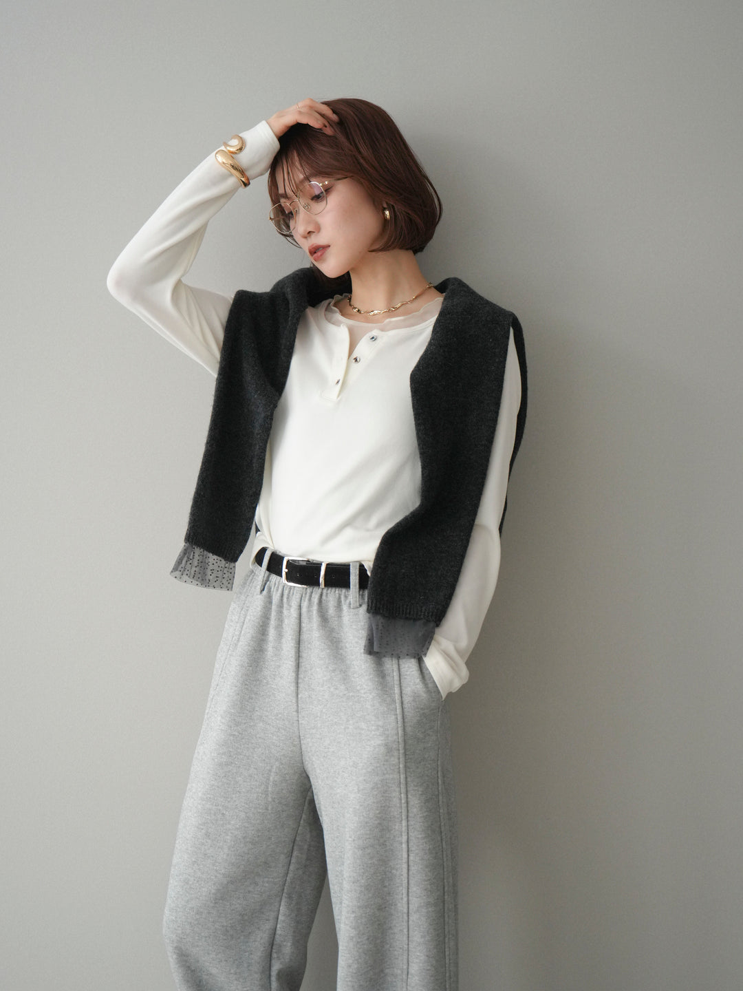 [予約]チュールレイヤードヘンリーネックカットソー/ivory