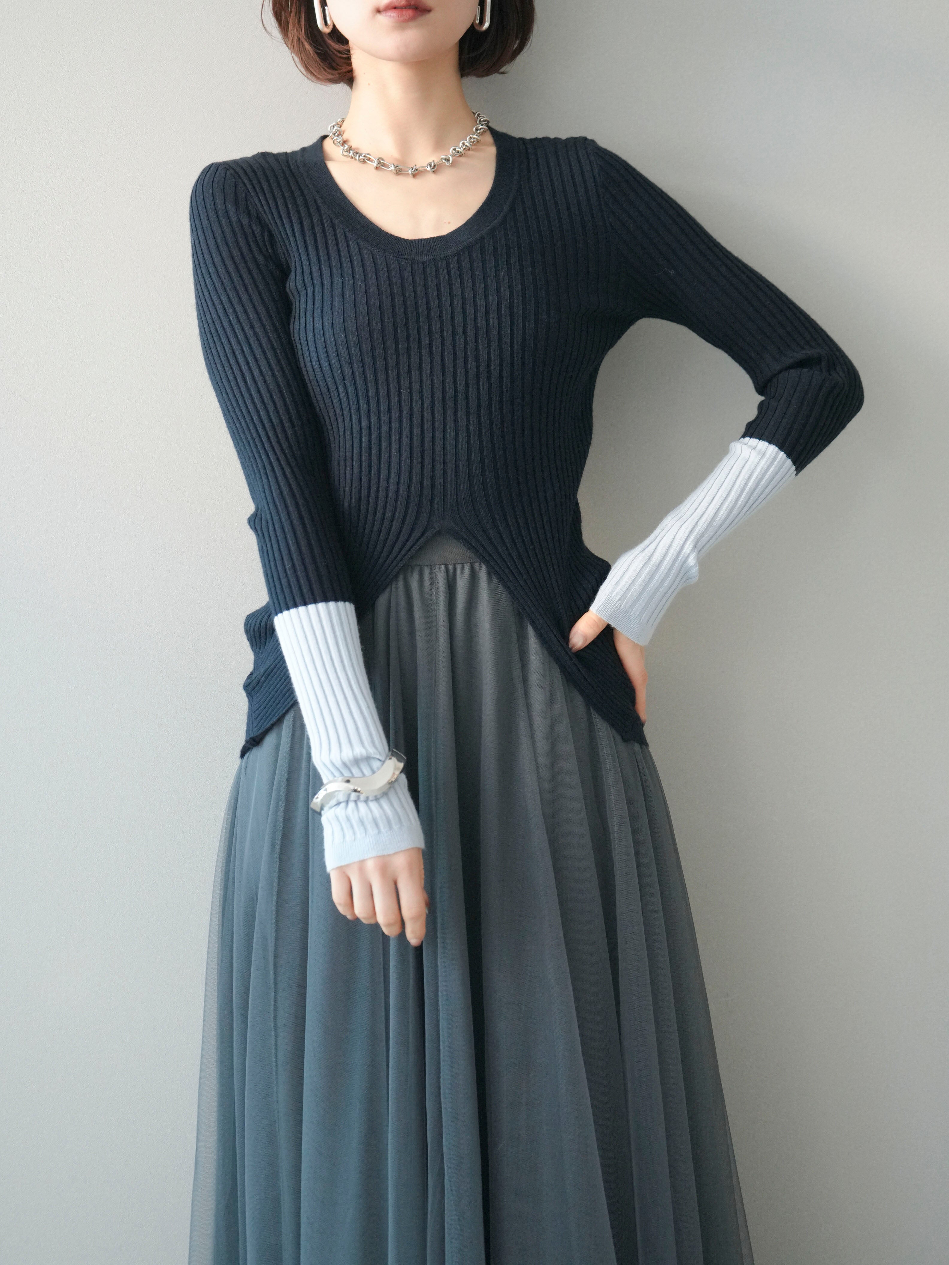予約]袖配色ランダムリブフロントスリットニットトップス/navy – Lumier