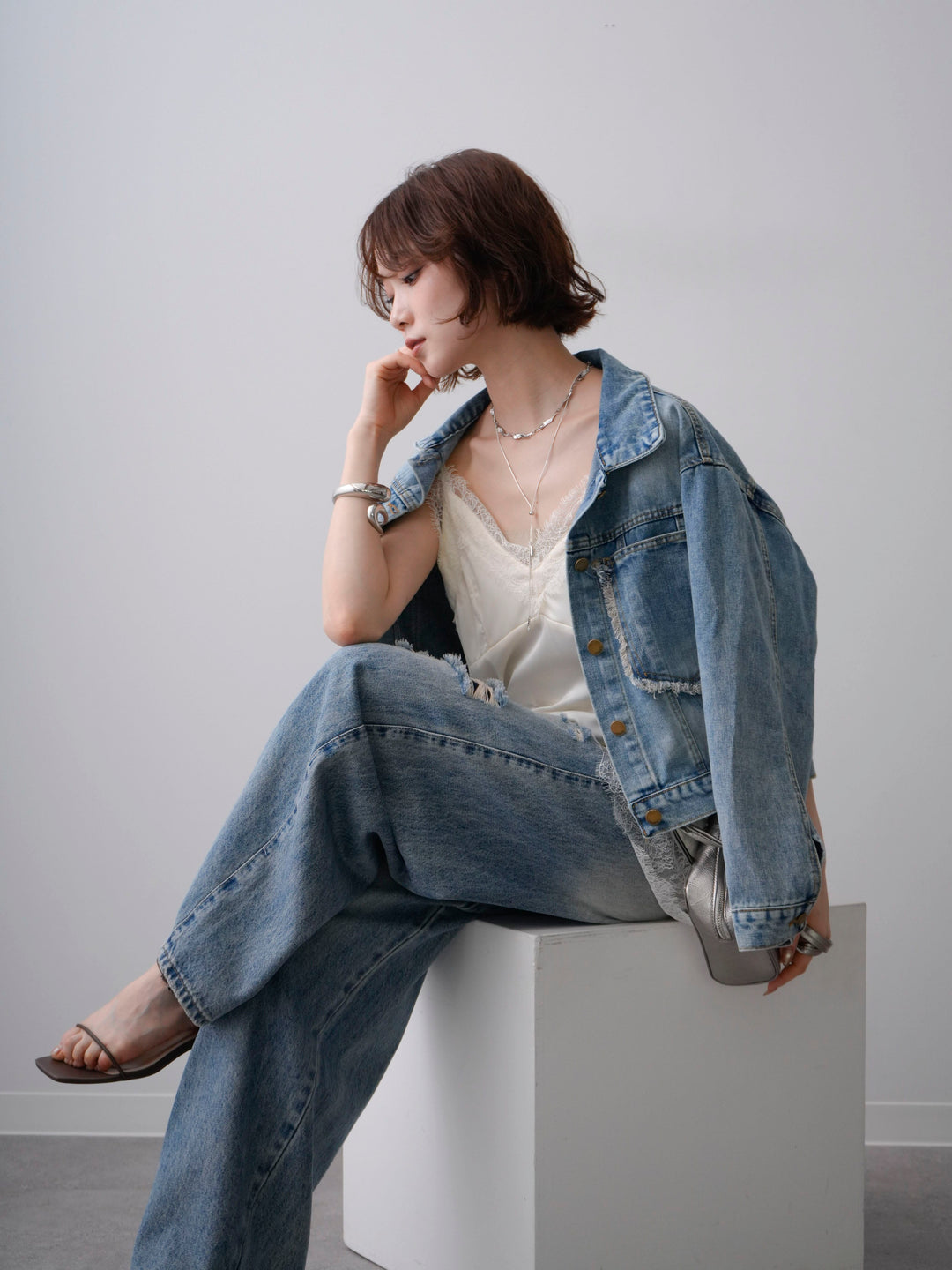 [SET]Wフリンジポケットデニムジャケット+ダメージデニムセミワイドパンツ(2set)