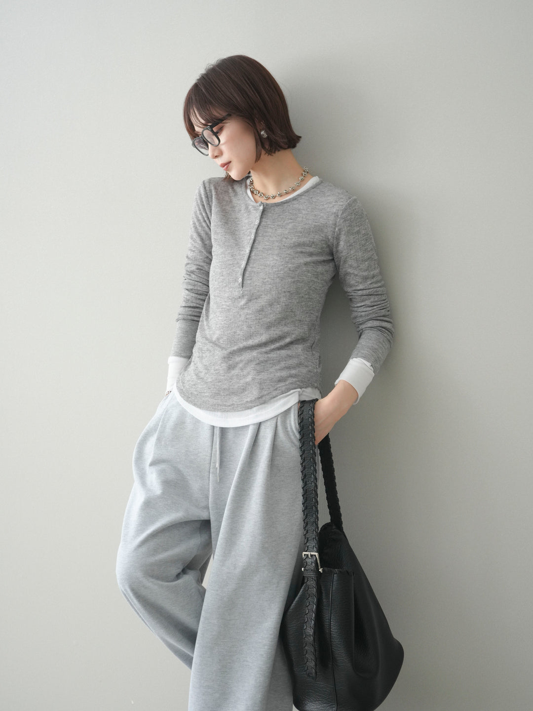 [予約]シアーリブヘンリーネックロンT/gray