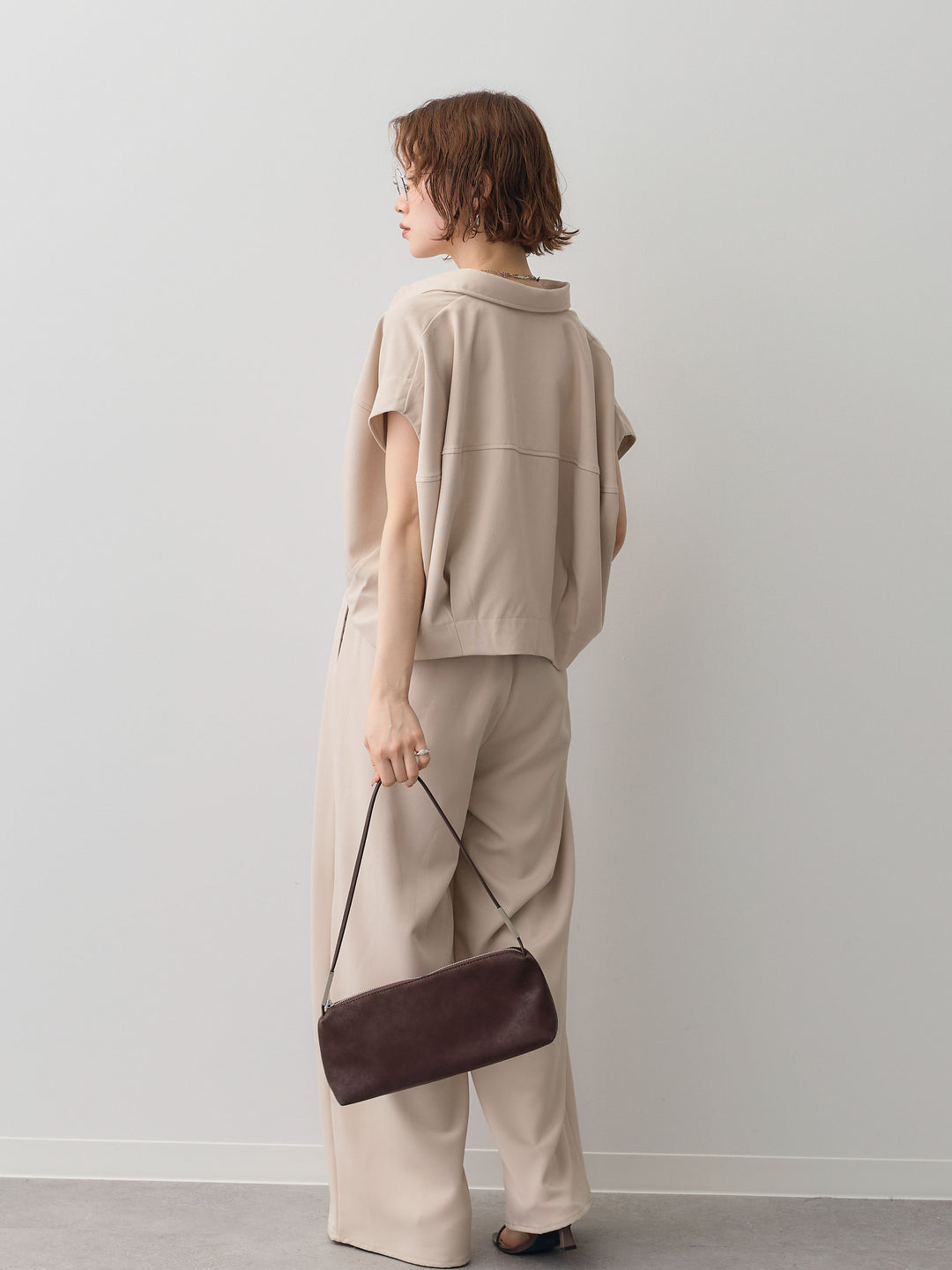 【套裝】縐綢燈籠無袖襯衫 + 縐綢闊腿褲（兩件套）