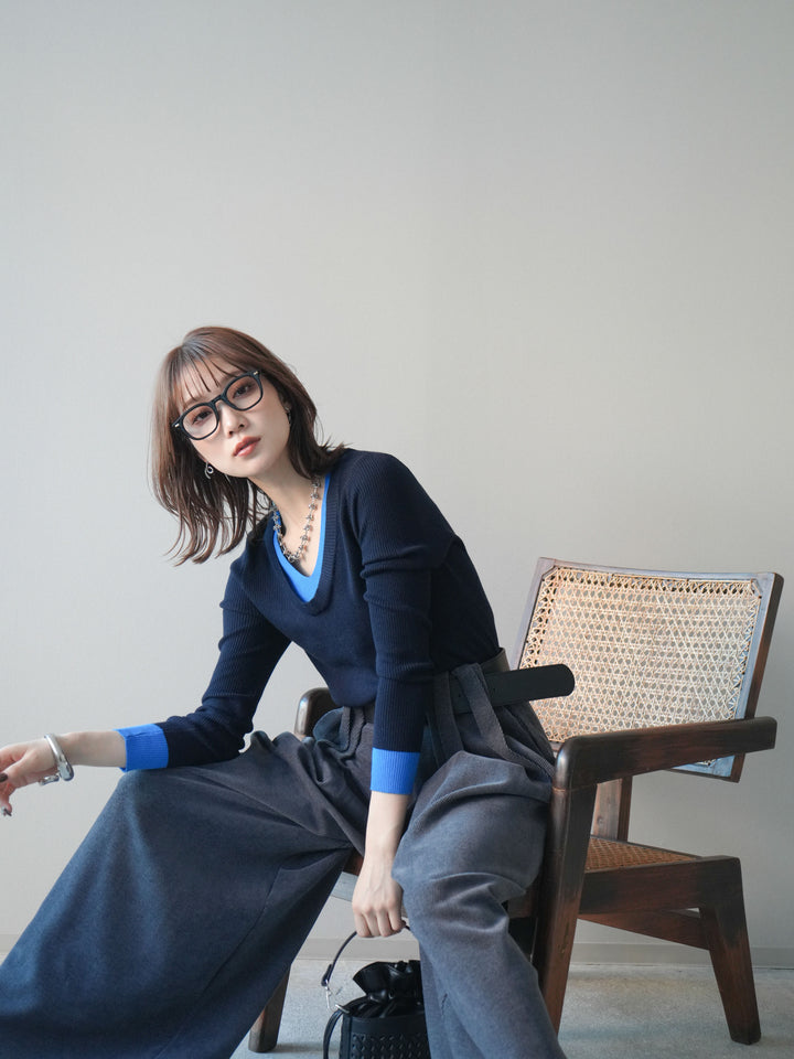 [予約]Uネック配色レイヤードリブニットトップス/black