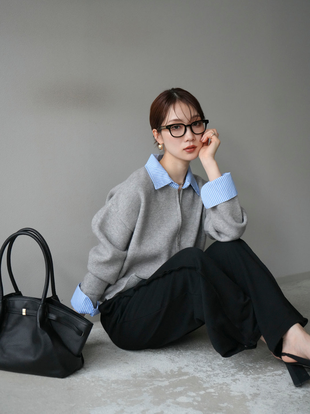 [SET]ストライプシャツレイヤードZIPニットカーディガン+2WAYデザインスウェットパンツ(2set)