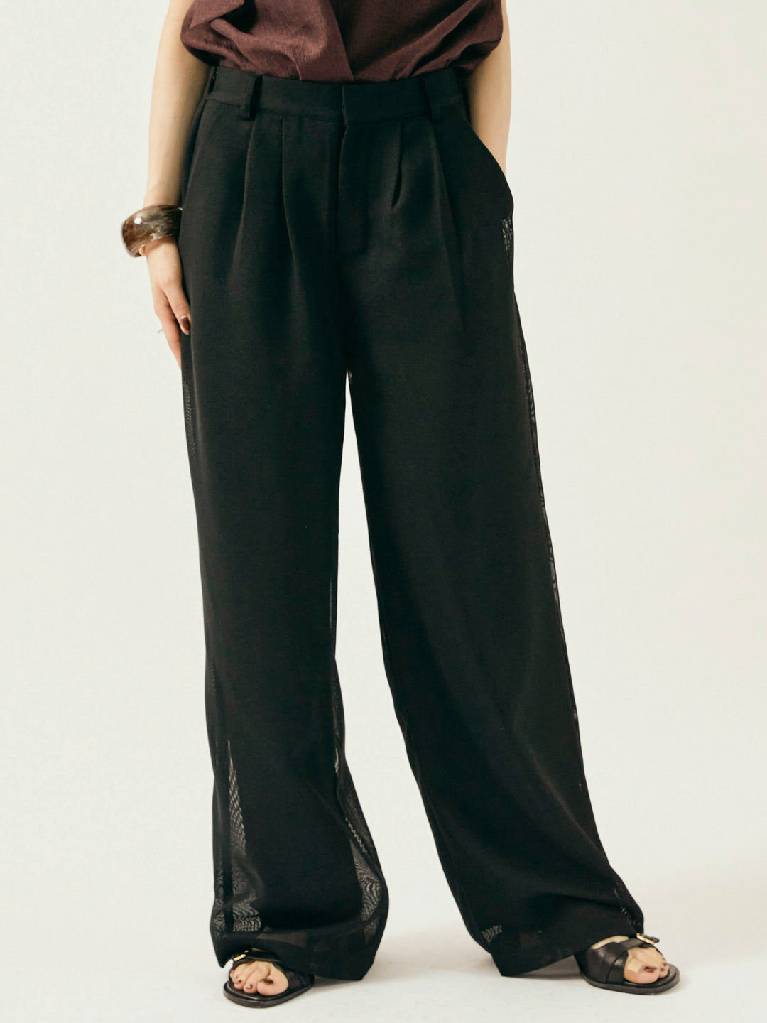 [予約]メッシュタックワイドパンツ/ブラック