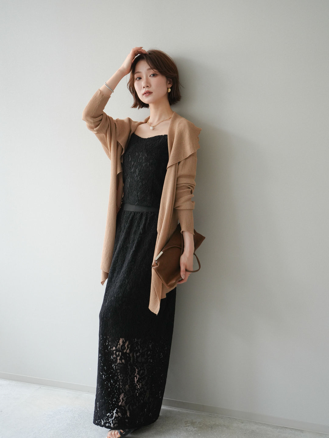 [SET]ドレープリブニットガウン+フルレースキャミ＆IラインスカートSET UP(2set)