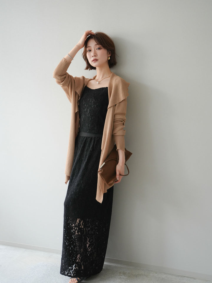 [SET]ドレープリブニットガウン+フルレースキャミ＆IラインスカートSET UP(2set)