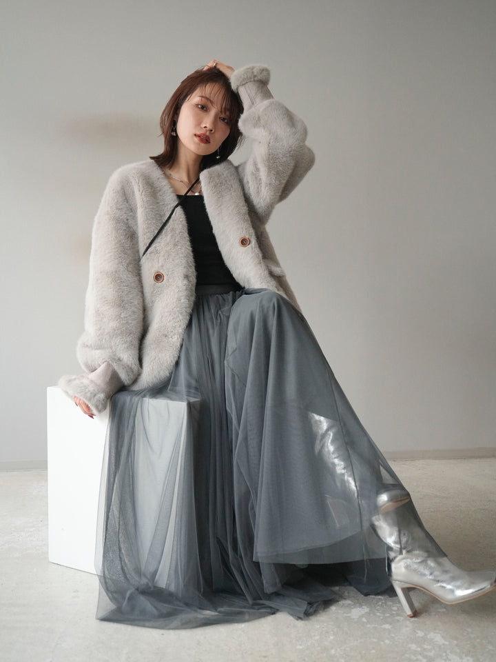 [SET]バッグ付エコファーノーカラーコート+チュールボリュームスカート(2set)