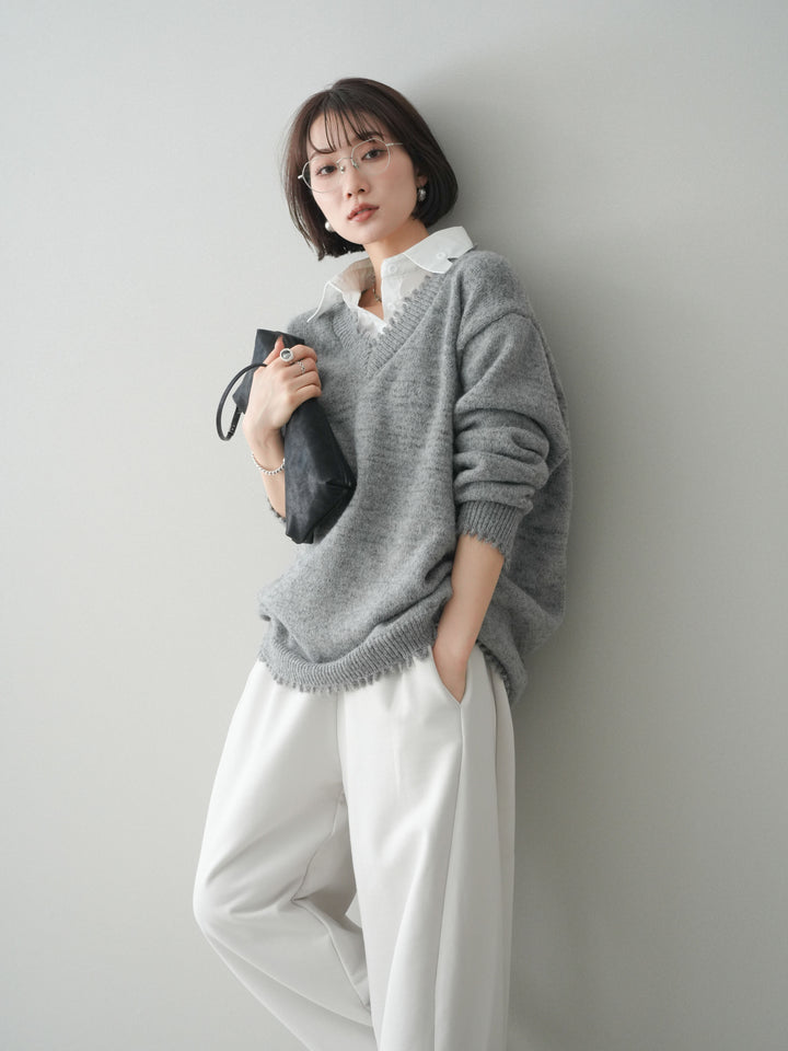 [予約]シャツドッキングVネックフリンジニットプルオーバー/gray