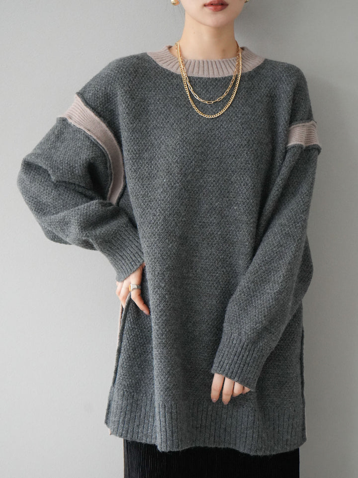 【預訂】側開衩拼色針織套頭衫/炭灰