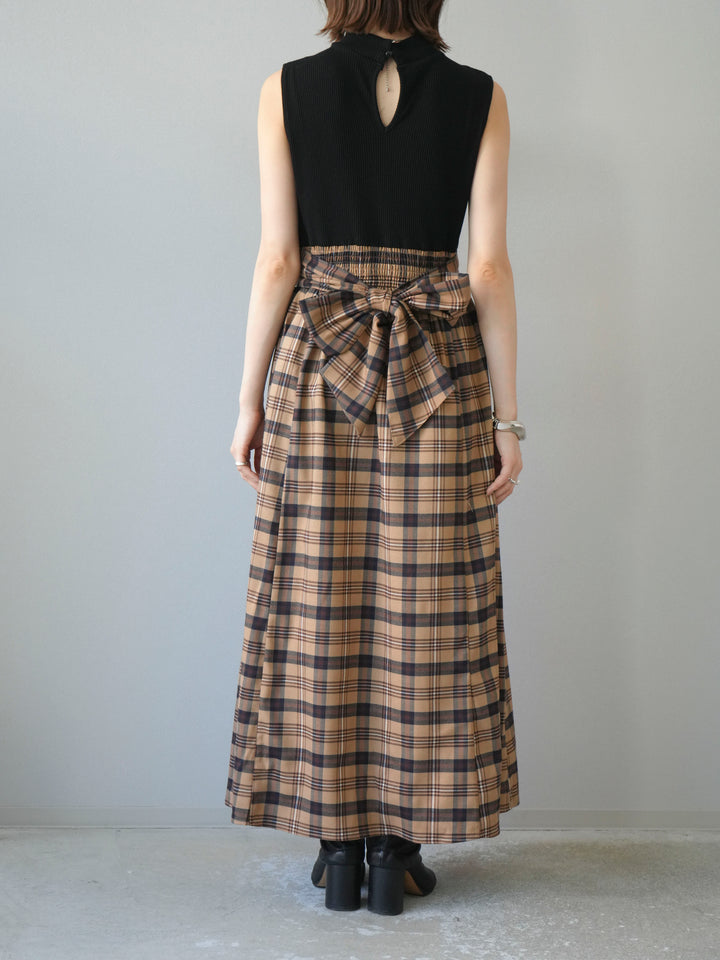 [予約]テレコ×チェックドッキングノースリワンピース/ブラック×ベージュ