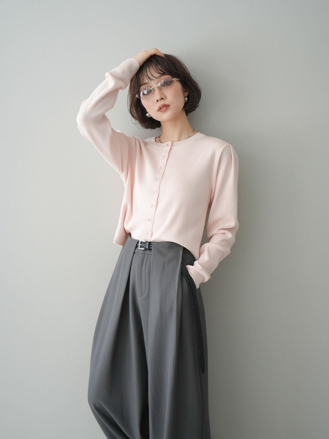 [予約]クリアボタンタックニットカーディガン/pink