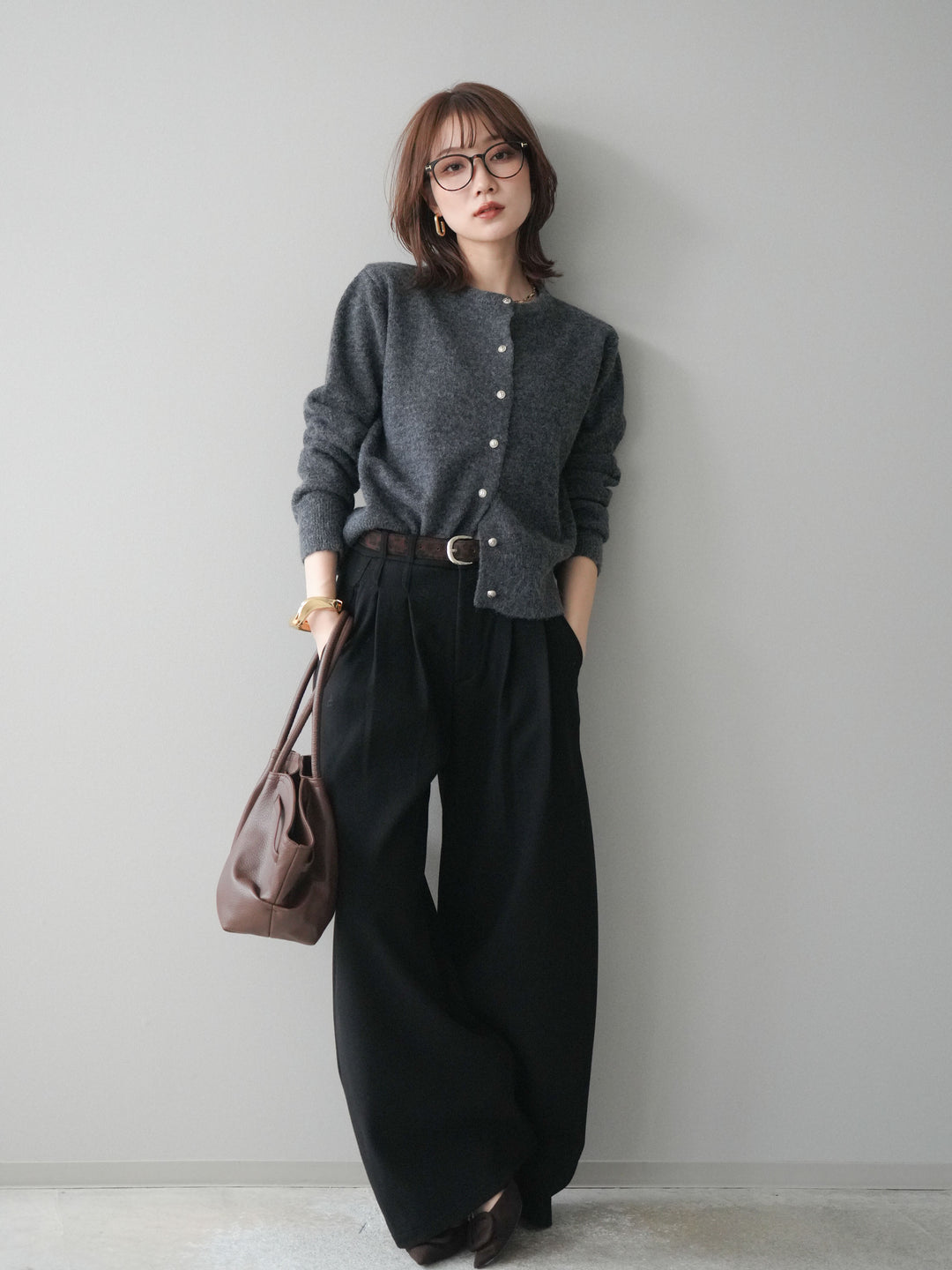 [予約]アニマル柄ベルト付きウールタッチワイドパンツ/black