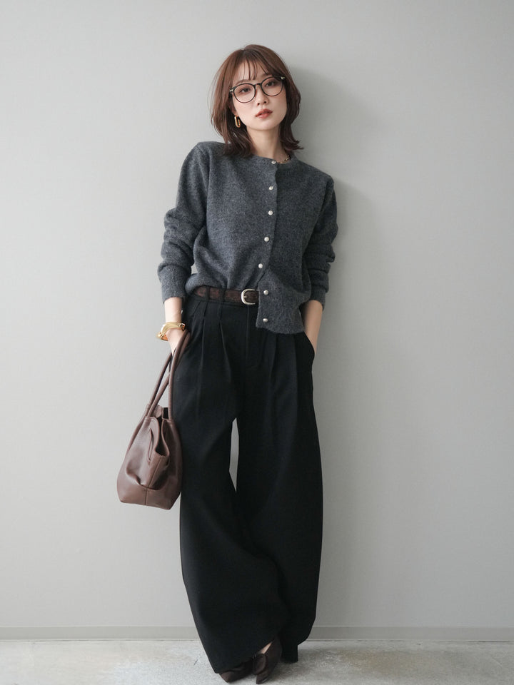 [予約]アニマル柄ベルト付きウールタッチワイドパンツ/black