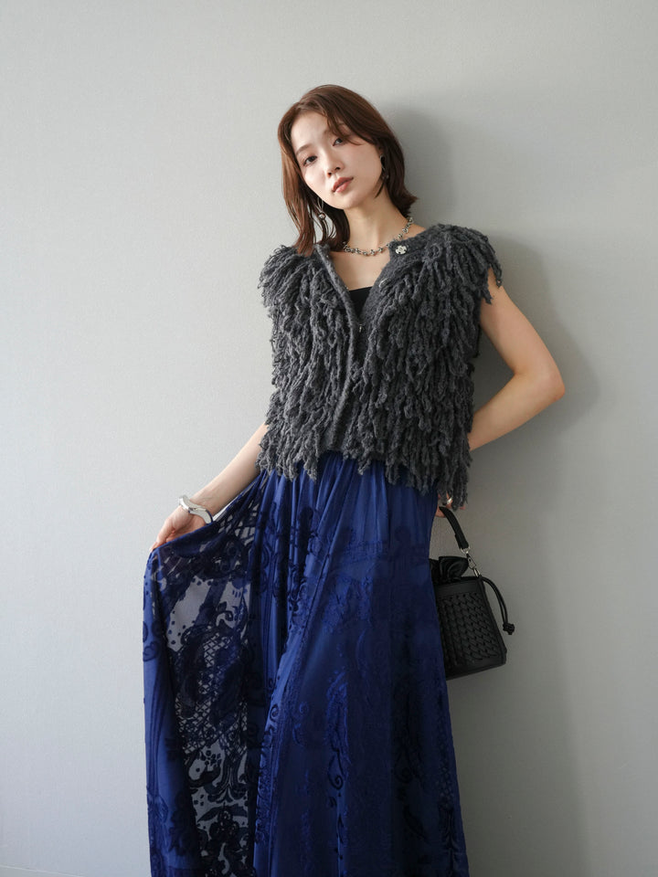 [SET]フリンジループニットベスト+アンティーク柄フロッキーマキシスカート(2set)