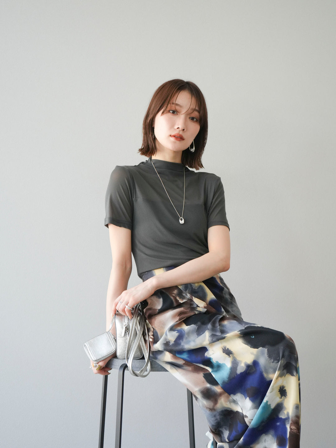 [SET] 透視半袖上衣 + 水彩印花褶襉I字裙 (2set)