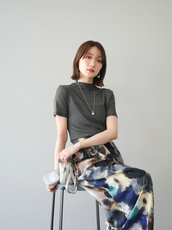 [SET] 透視半袖上衣 + 水彩印花褶襉I字裙 (2set)