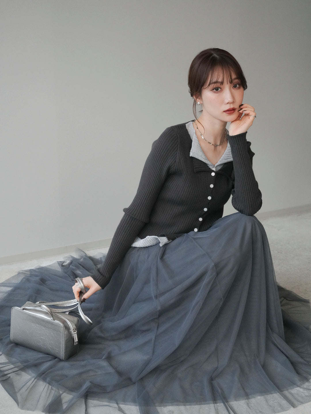 [予約]配色レイヤードリブニットカーディガン/charcoal