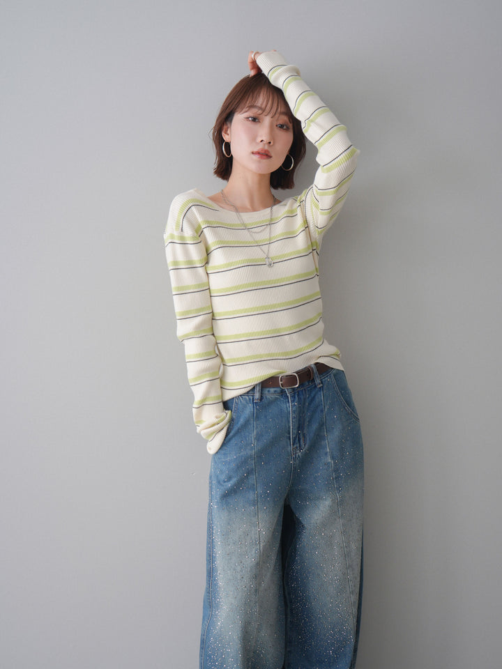 [予約]バックオープンテレコリブマルチボーダートップス/ivory