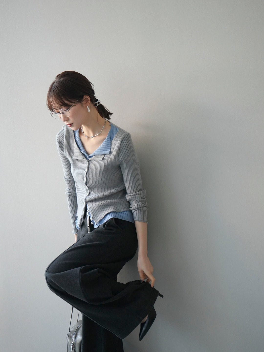 [予約]配色レイヤードリブニットカーディガン/gray