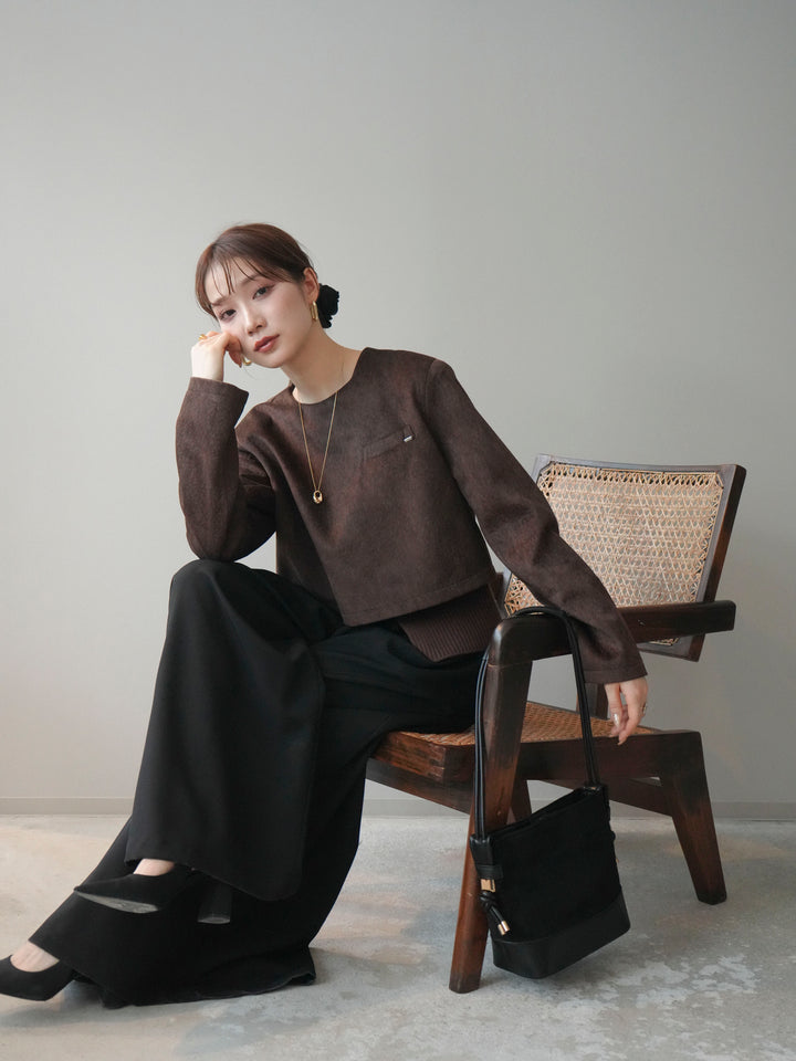 [予約]リブニットレイヤードスエードプルオーバー/brown