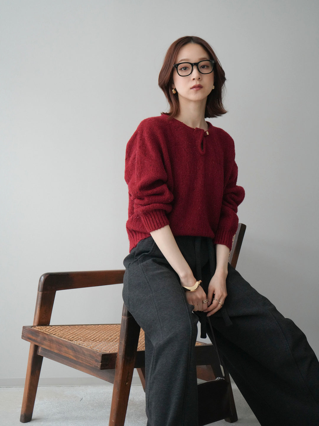 [予約]ツイストネックラメネップヤーンニットプルオーバー/red