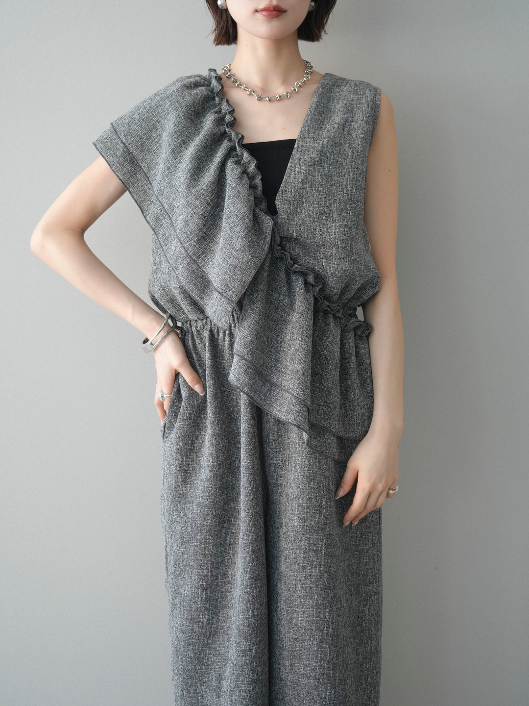 [SET]3WAYミックスツイードギャザーオールインワン+選べるアクセセット(2set)