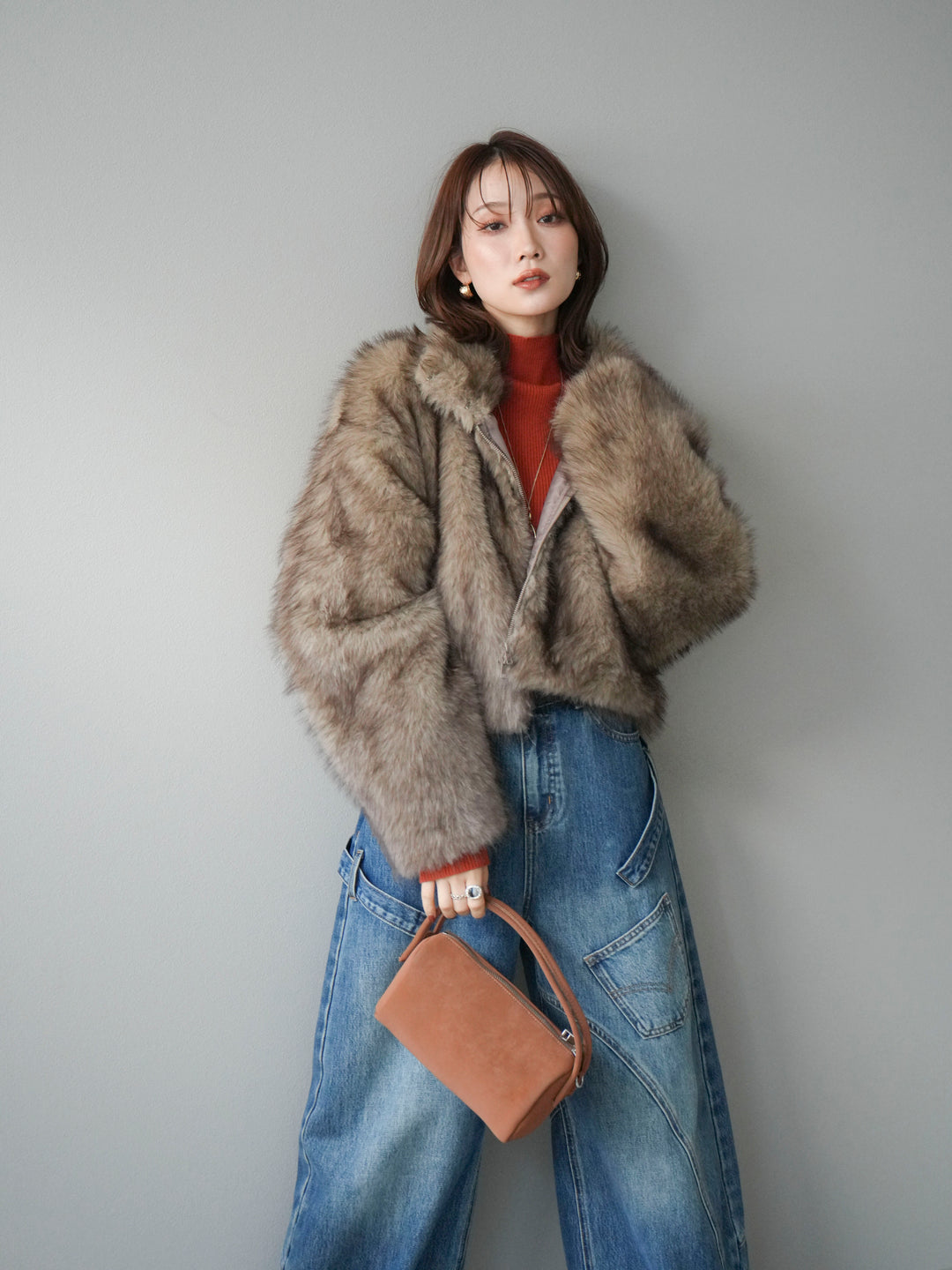 [予約]フェイクファーショートZIPジャケット/brownmix