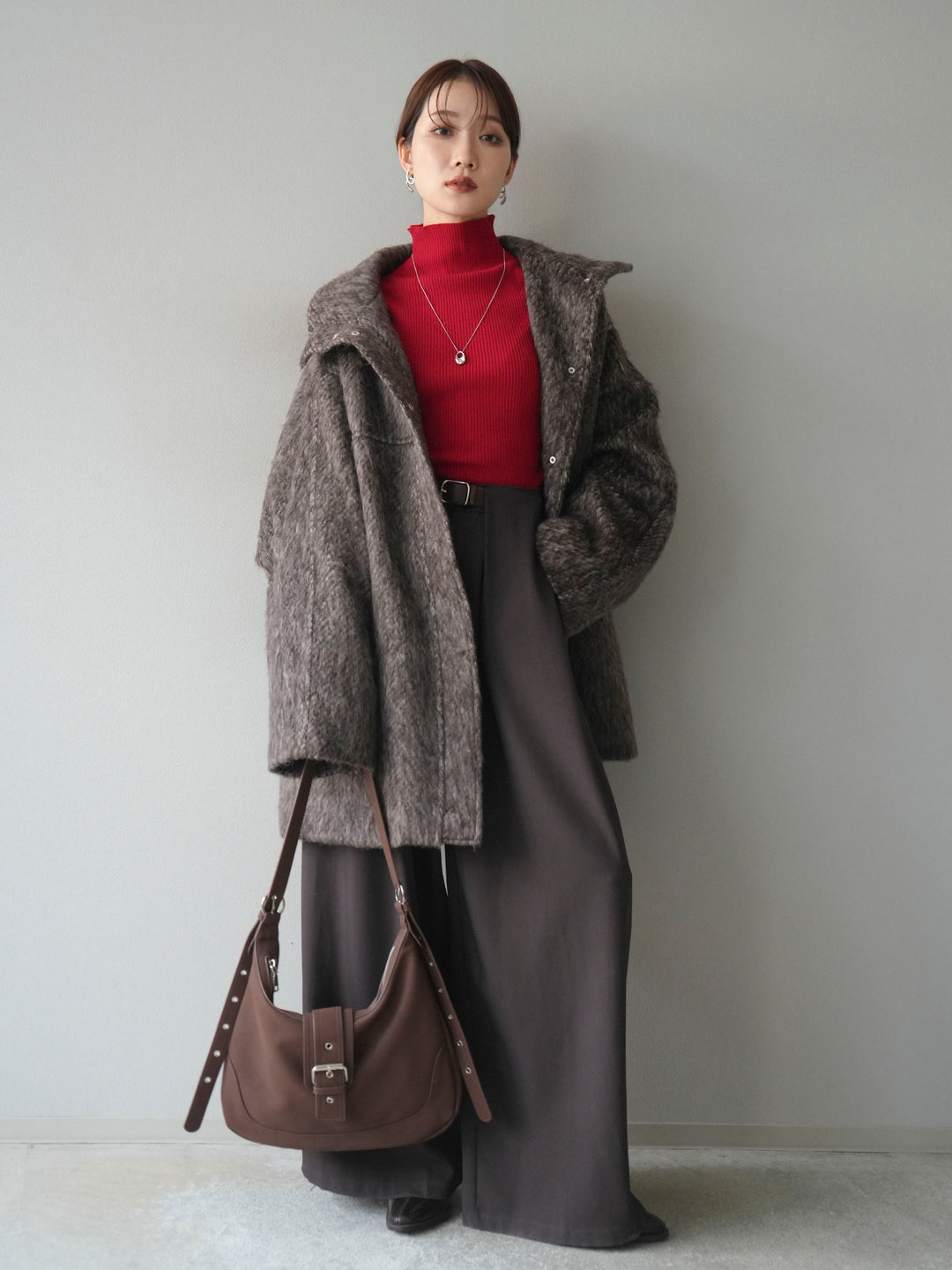 [予約]スタンドカラーシャギーコート/brown