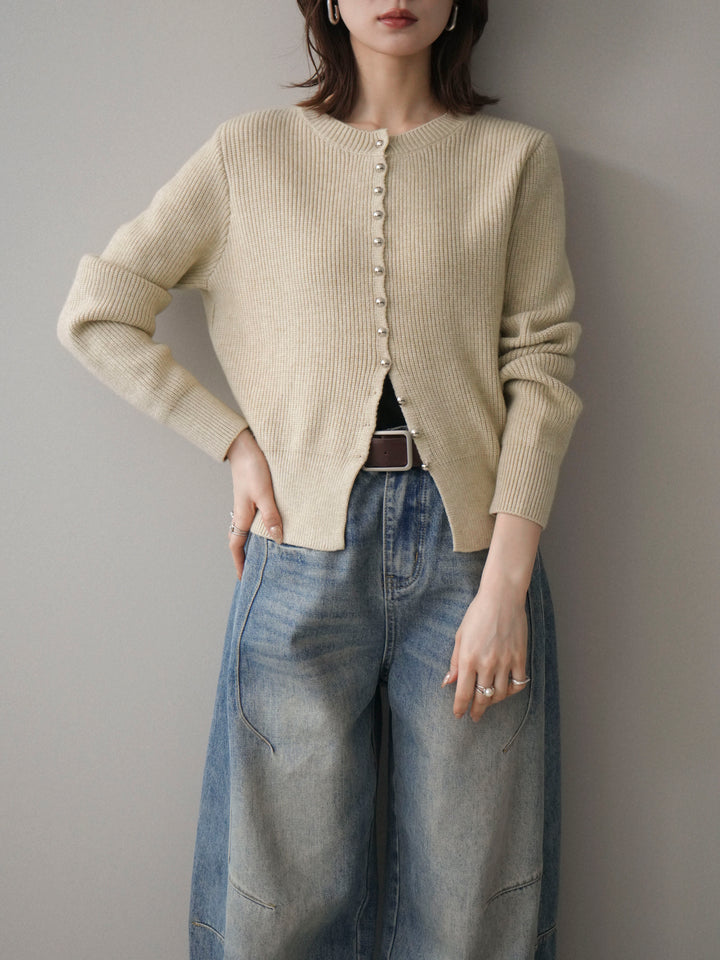 [SET]シルバーボタン畦編みニットカーディガン+ベルト付カーブデニムパンツ(2set)
