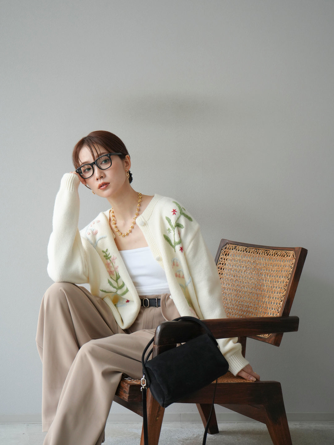 [SET]フラワー刺繍ニットカーディガン+ベルト付タックワイドパンツ(2set)