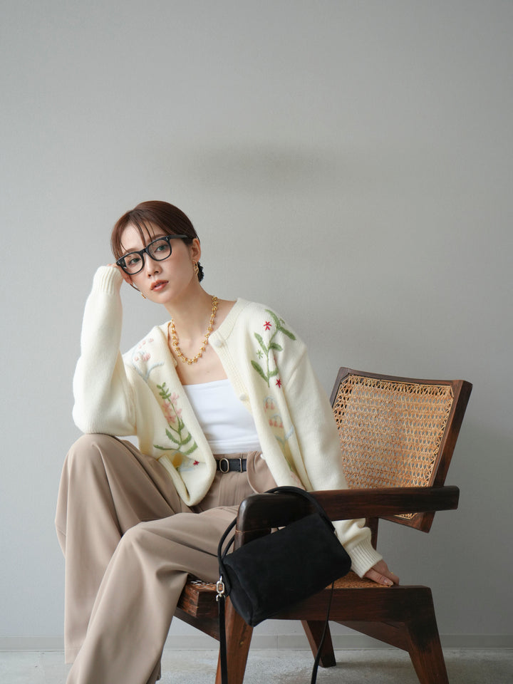 [SET]フラワー刺繍ニットカーディガン+ベルト付タックワイドパンツ(2set)