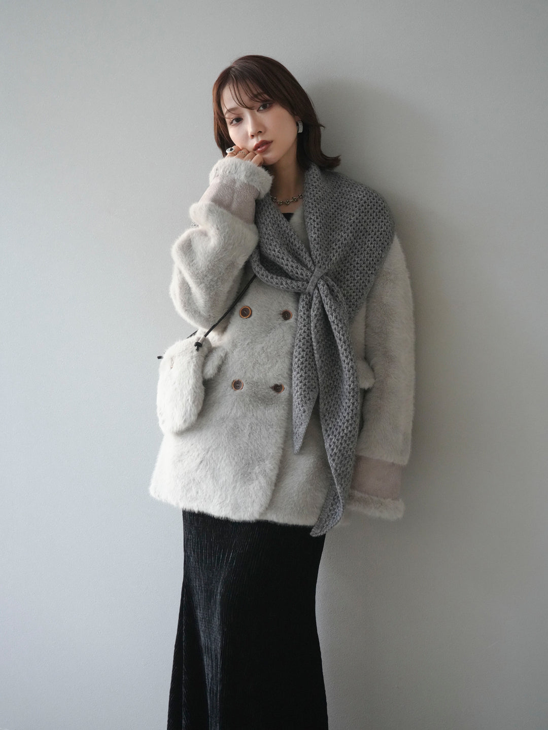 [予約]バッグ付エコファーノーカラーコート/gray