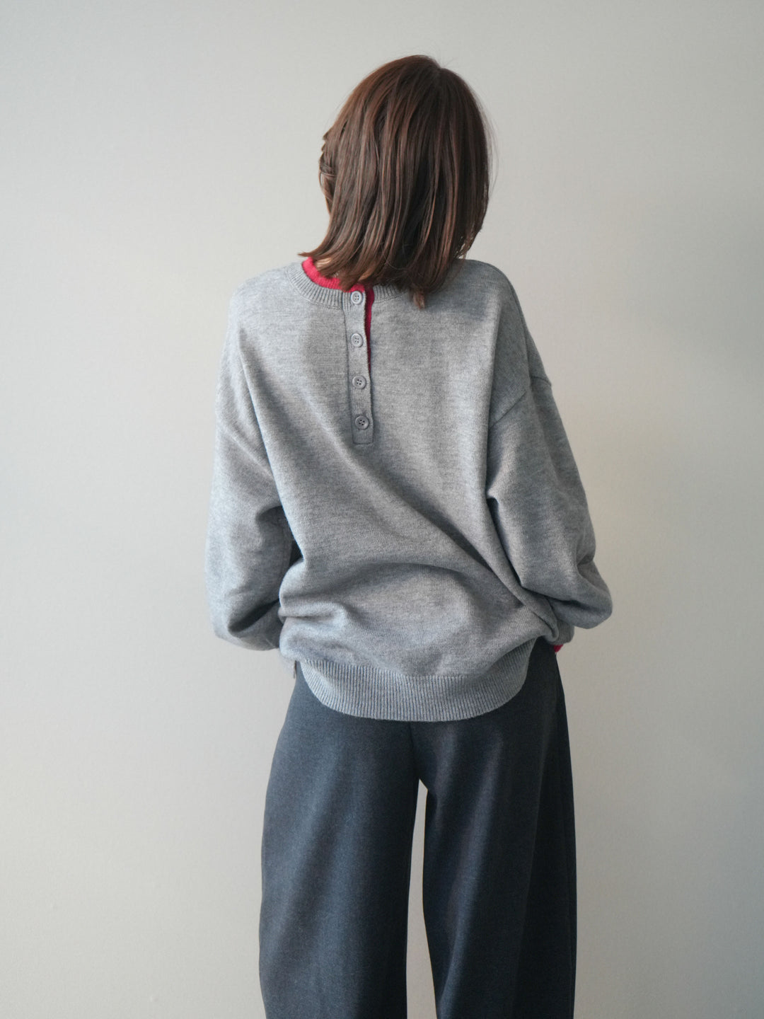 [予約]ヘンリーネック配色レイヤードニットプルオーバー/middlegray