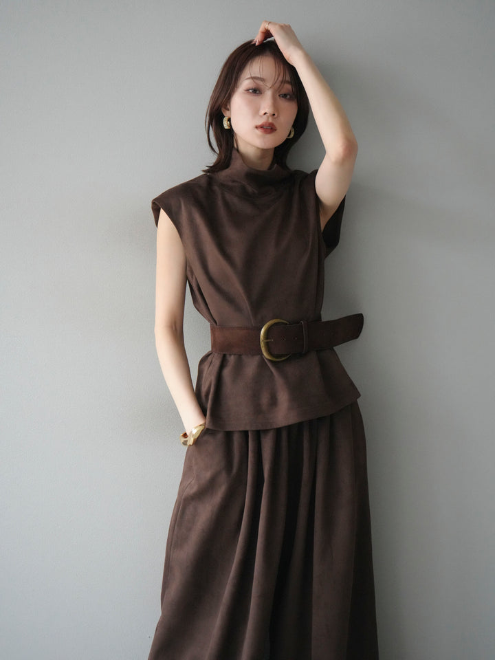 [SET]ベルト付スエードハイネックプルオーバー＆ワイドパンツSET UP