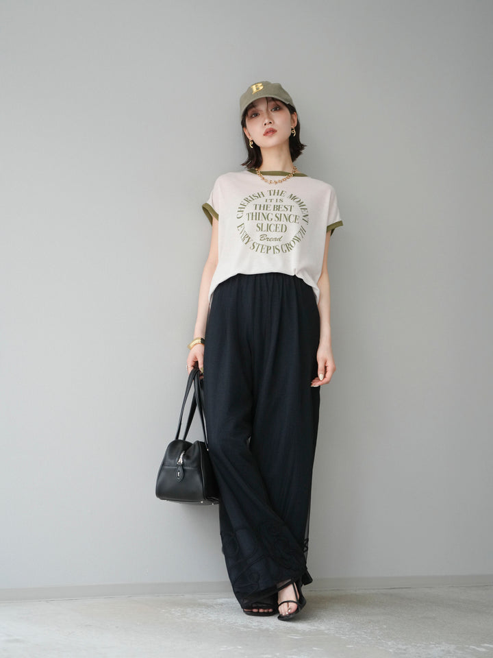 [SET] 繩繡薄紗疊穿褲+麻質寬鬆寬褲（2件組）