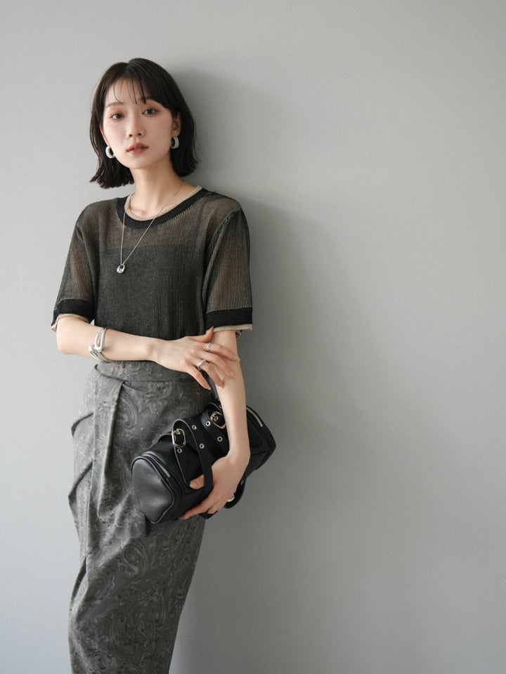 [SET]リネンタッチ配色二重臼ハーフニットトップス+選べるアソート柄スカートセット(2set)