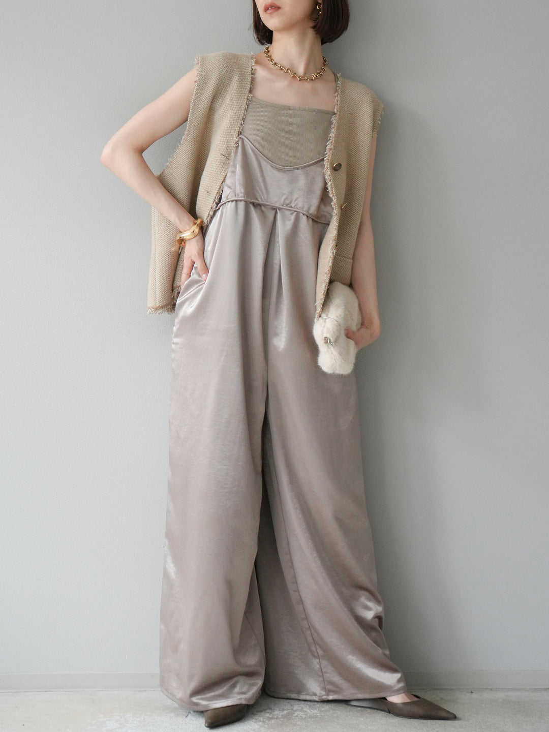 [予約]サテンビスチェオールインワン/グレージュ