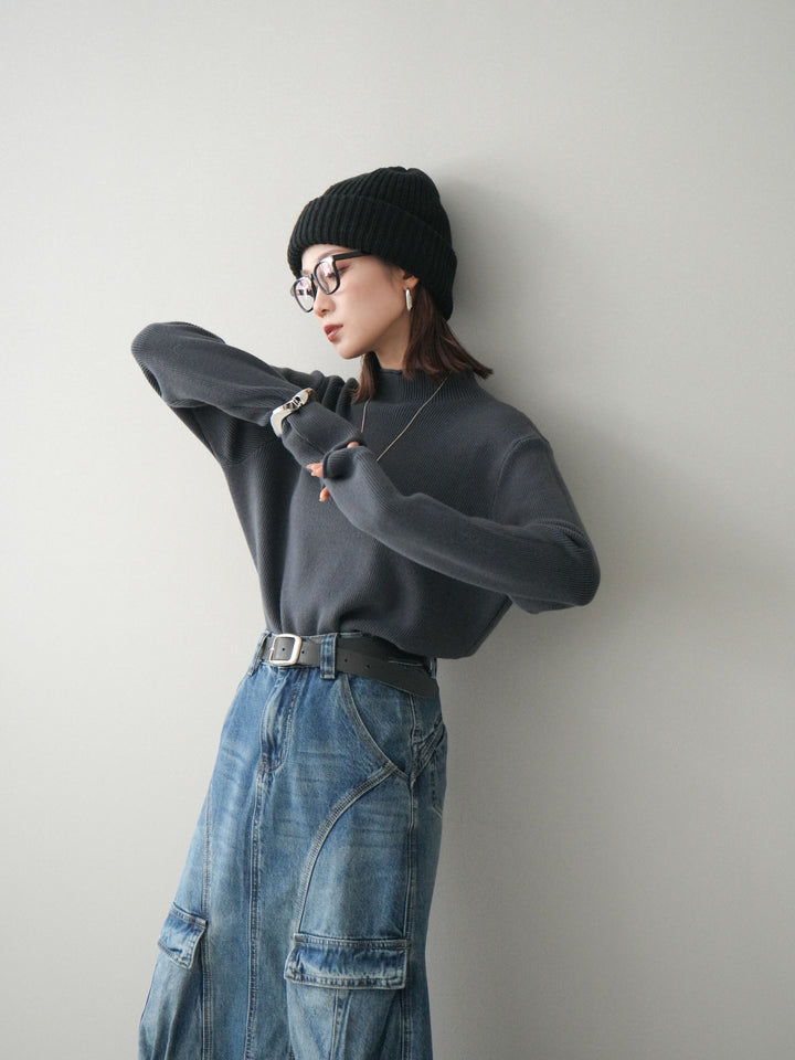 [予約]ボトルネック裾カールリブニットトップス/charcoal