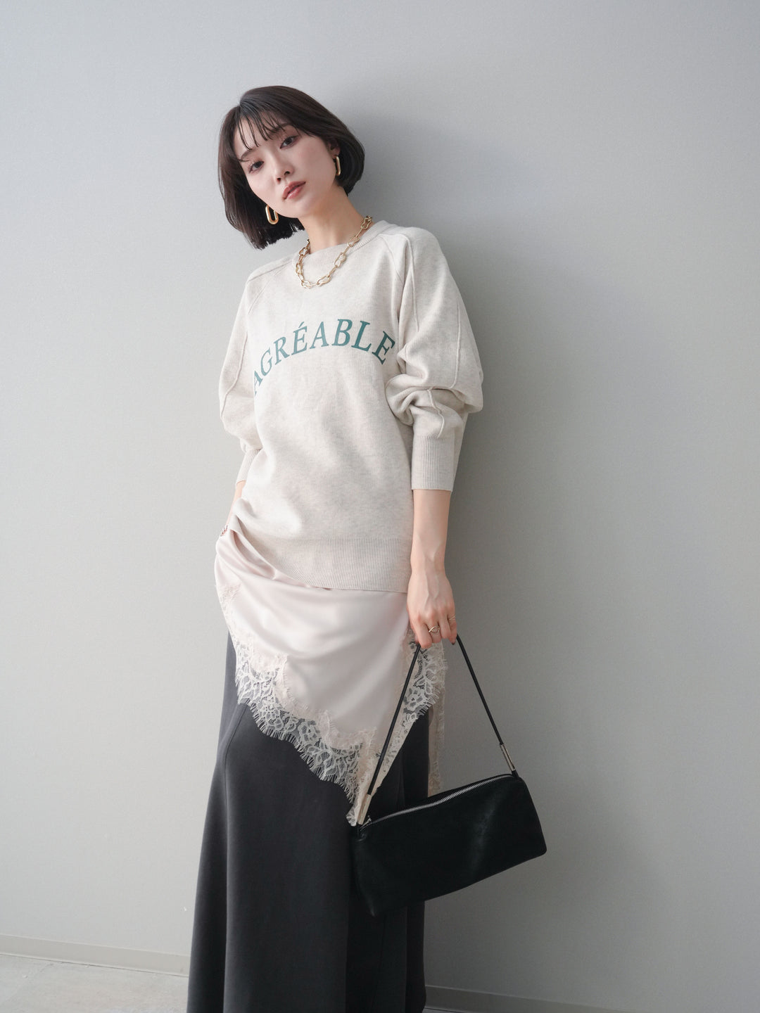 [予約]半ラバープリントロゴスウェットライクニットプルオーバー/oatmeal