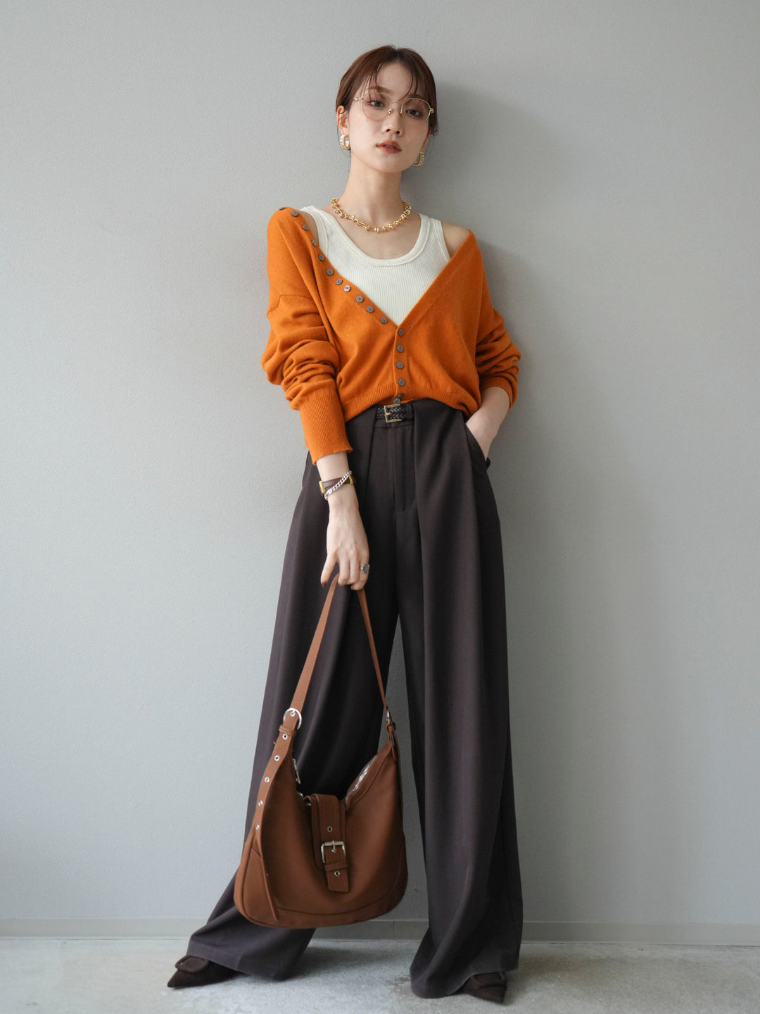 [SET]デザインボタンニットカーディガン＆タンクトップSET+ベルトループデザインワイドパンツ(2set)