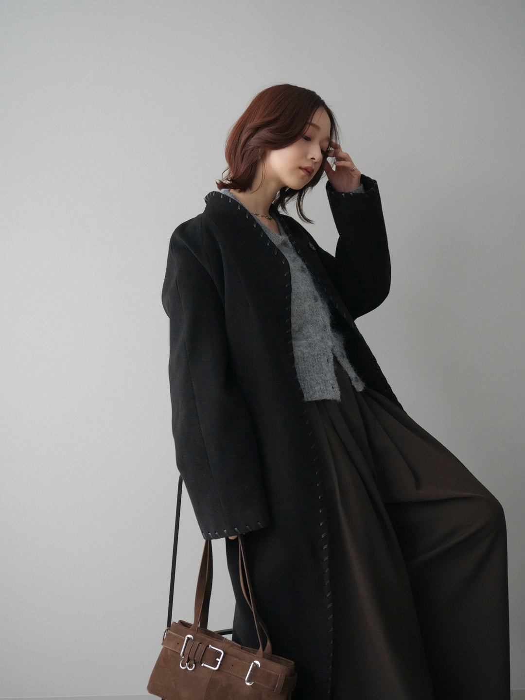 [SET]ハンドステッチ裏中綿ロングコート+モヘア衿付きボタンプルオーバー+テープベルトタックバギーパンツ(3set)