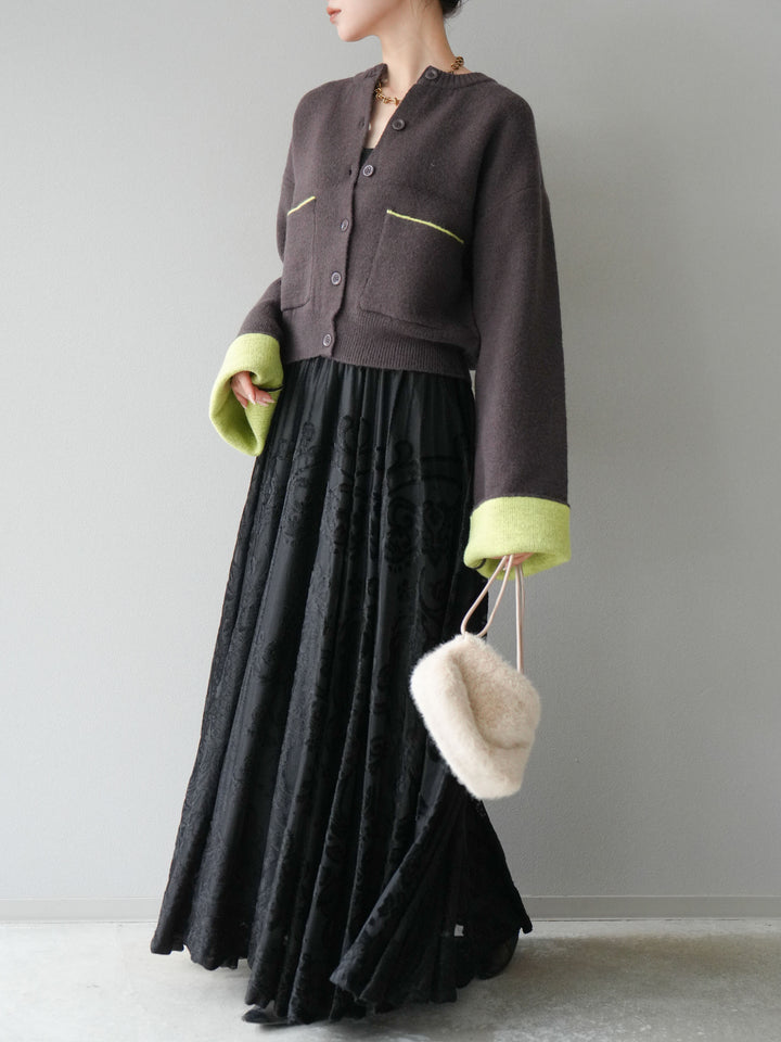 [SET]バイカラーオーバーニットカーディガン+アンティーク柄フロッキーマキシスカート(2set)
