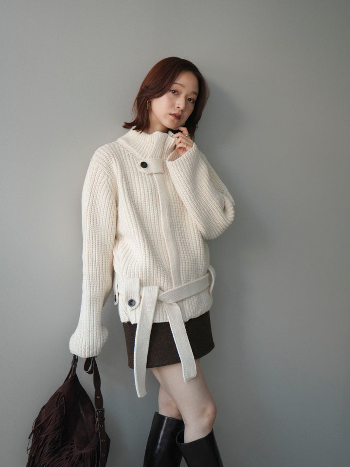 [予約]畦編みボトルネックZIPニットカーディガン/white