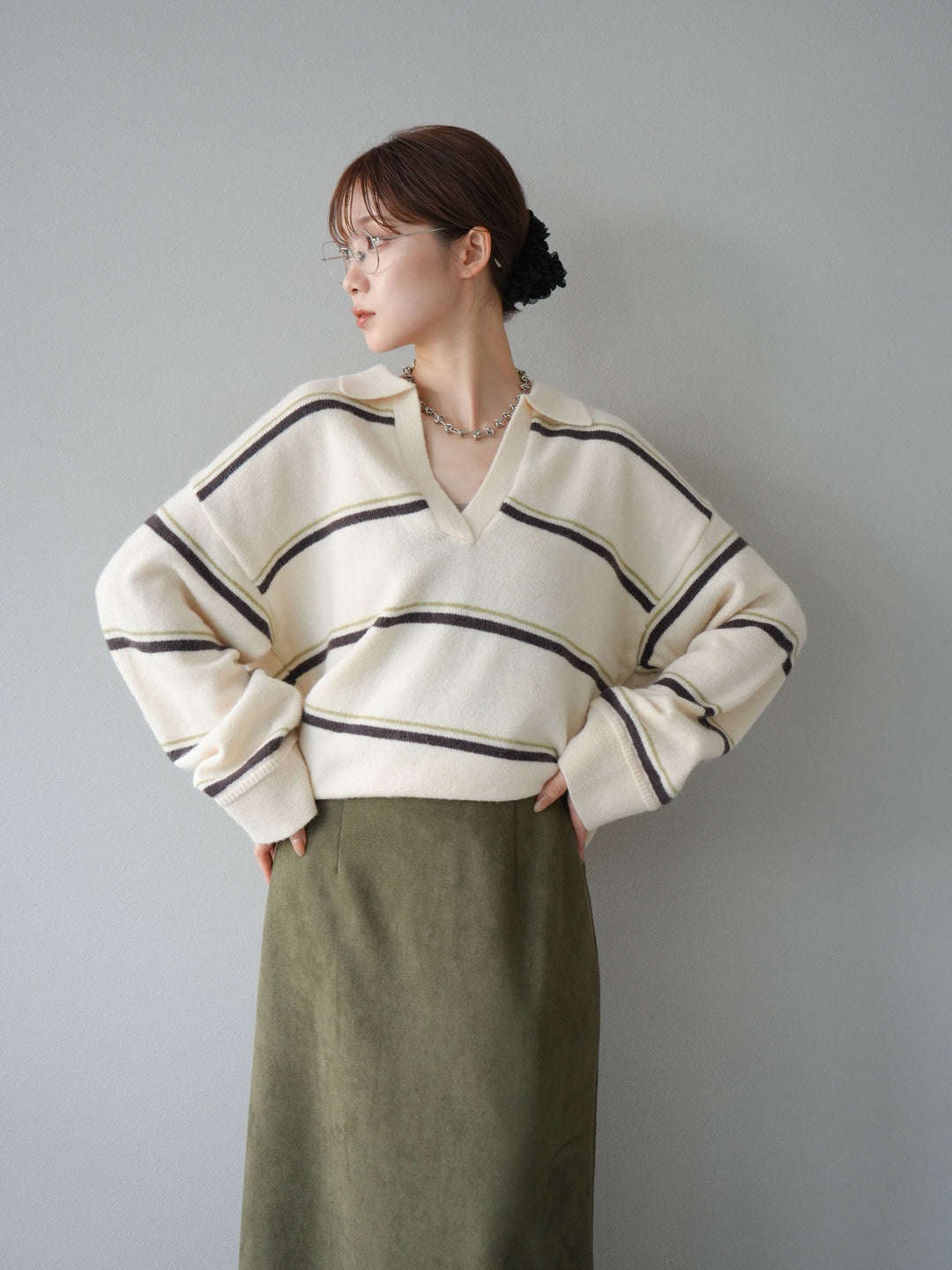 [SET]ポロ襟スキッパーボーダーニットプルオーバー+スウェードIラインスカート(2set)