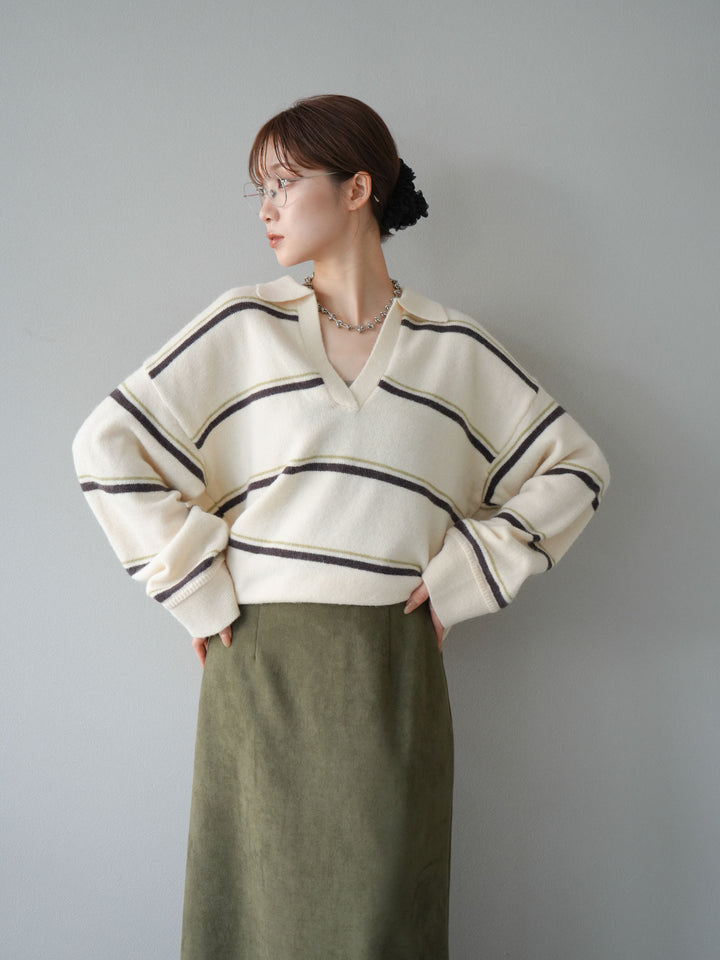 [SET]ポロ襟スキッパーボーダーニットプルオーバー+スウェードIラインスカート(2set)