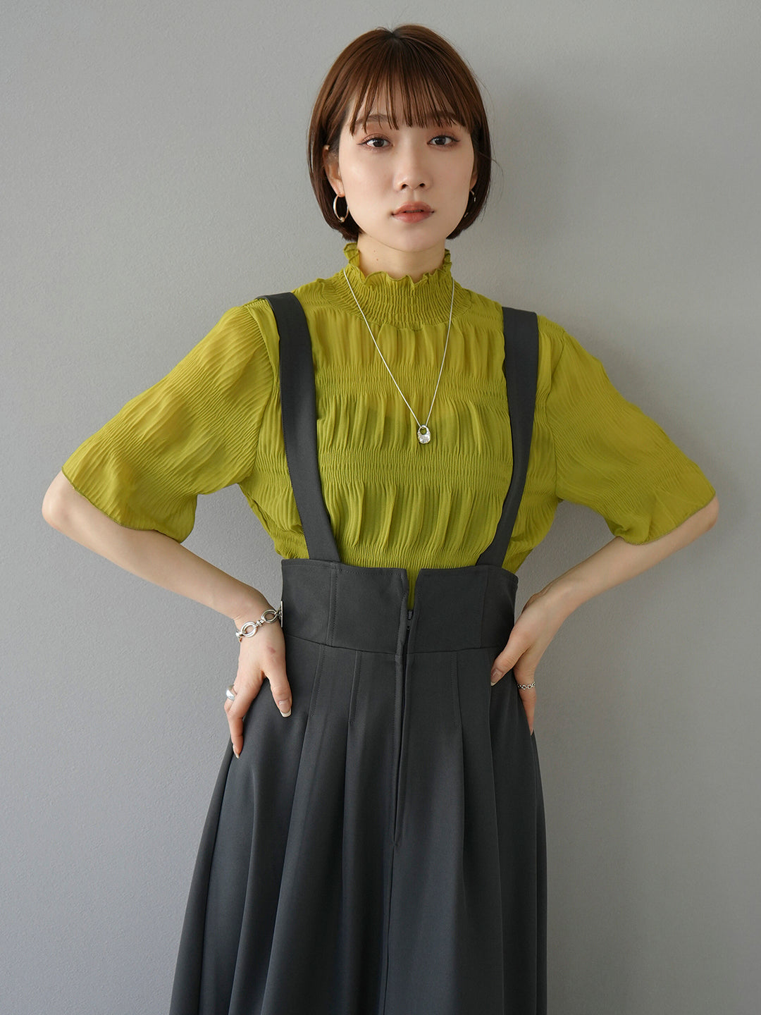 [SET] Shirring chiffon half sleeve blouse + 2WAY flare jumper skirt (2set)