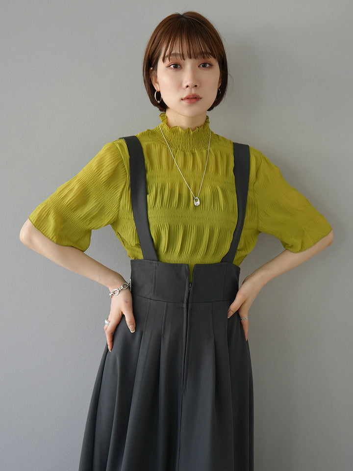 [SET] Shirring chiffon half sleeve blouse + 2WAY flare jumper skirt (2set)