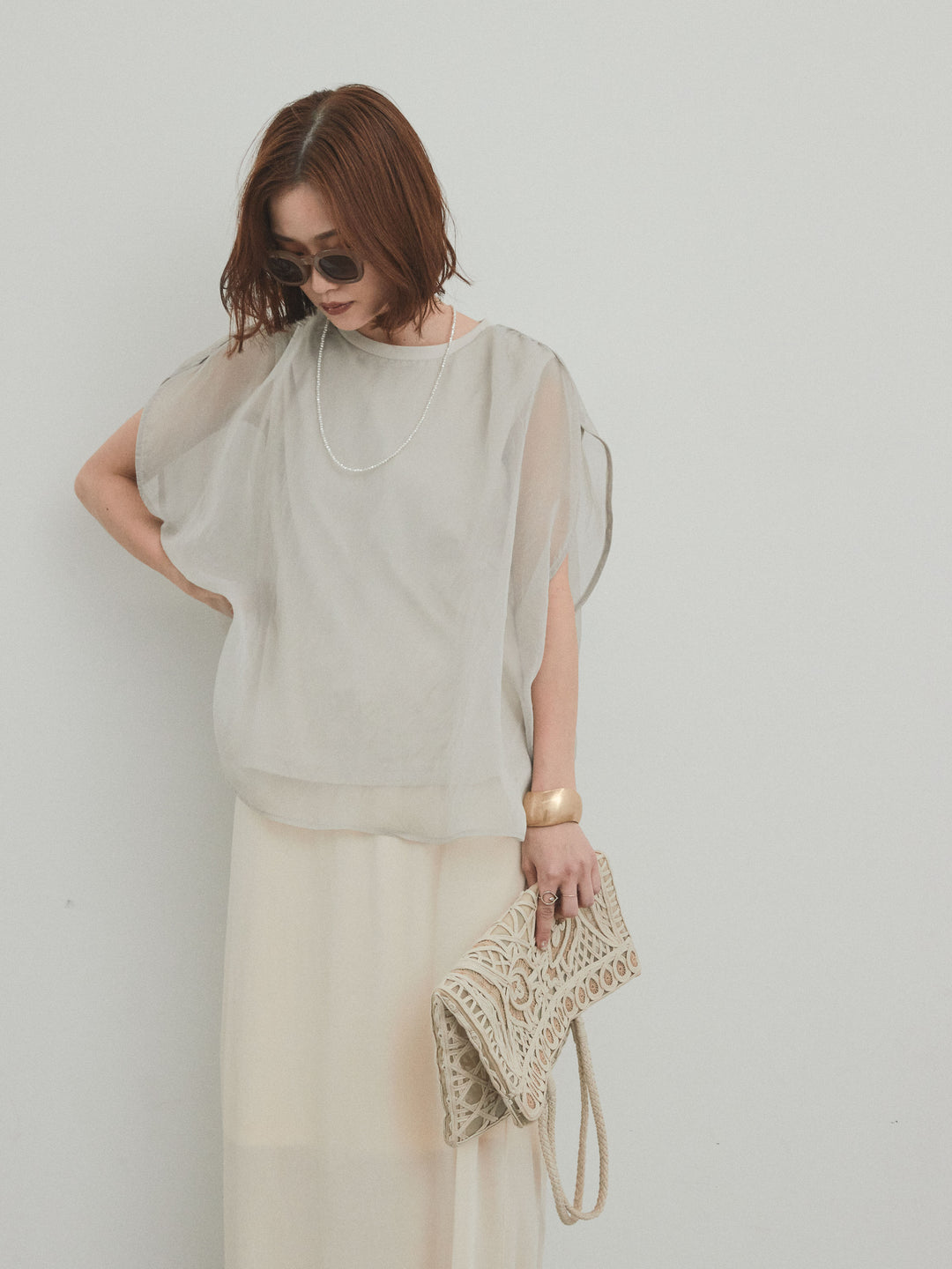 [予約]コンパクトスムースシアーレイヤードトップス/グレージュ