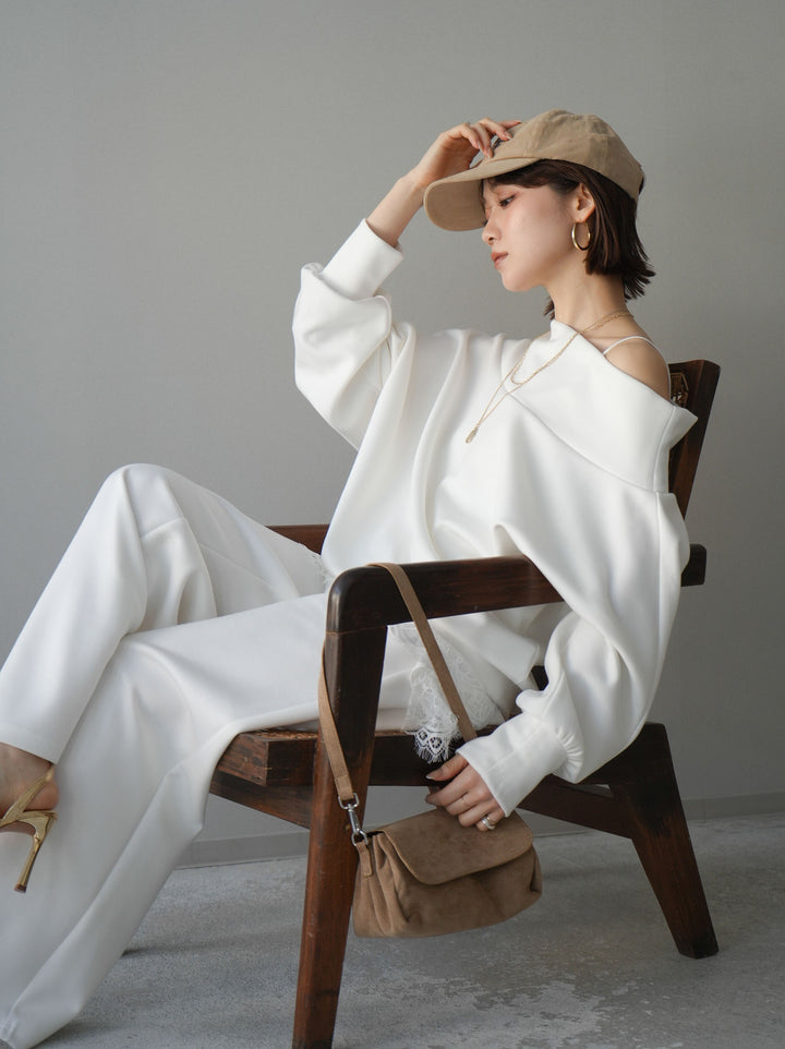 [SET]アシンメトリーオフショルポンチプルオーバー+イージーポンチワイドパンツ(2set)